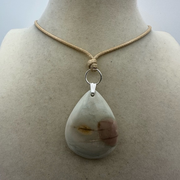 None Jewelry - Light Polychrome Jasper Pendant Necklace on Tan Adjustable Rope